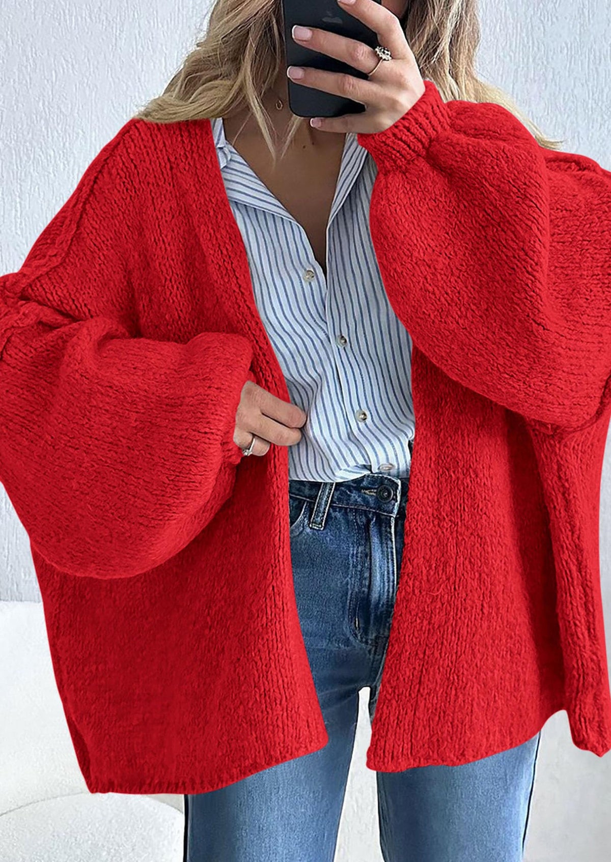 Pisania Womens Oversized Cardigan Sweaters Fall Long Lantern Sleeve Knit Open Front Lightweight Sweater