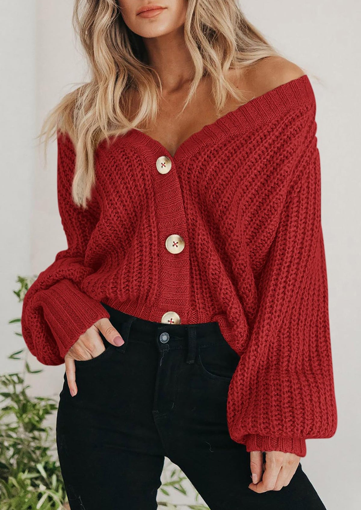 Pisania Women's Chunky Knit Open Front Sweater Long Sleeve Button Loose Short Cardigan Outerwear Coats