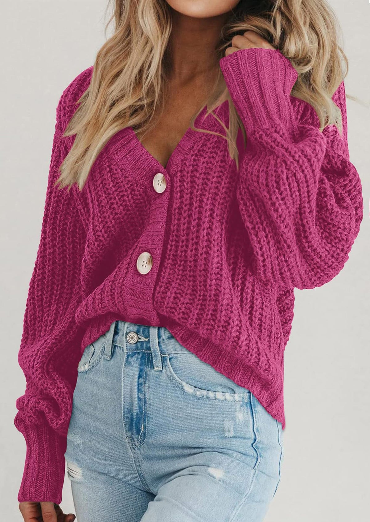 Pisania Women's Chunky Knit Open Front Sweater Long Sleeve Button Loose Short Cardigan Outerwear Coats
