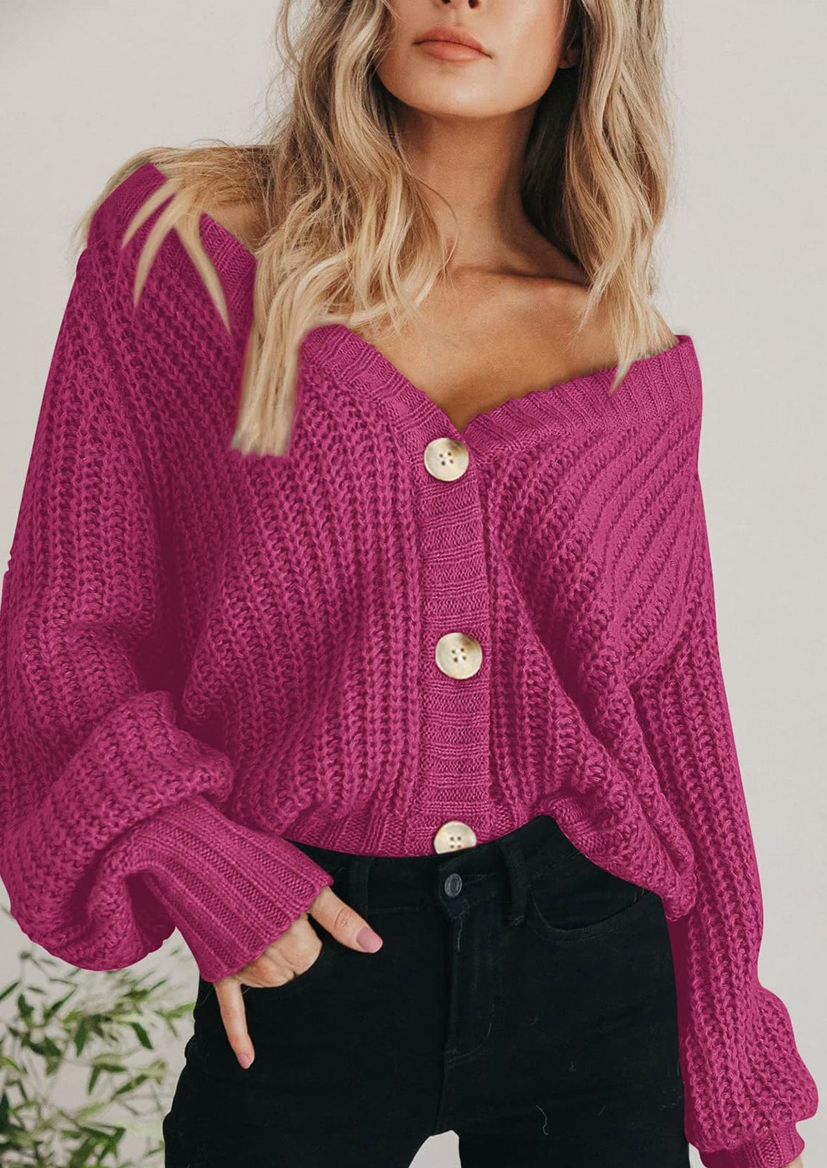 Pisania Women's Chunky Knit Open Front Sweater Long Sleeve Button Loose Short Cardigan Outerwear Coats