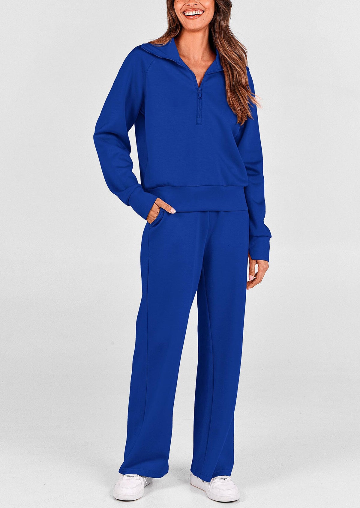 Pisania Women's 2 Piece Outfits Casual Lapel Half Zip Sweatshirts And Wide Leg Pants Tracksuit Sets