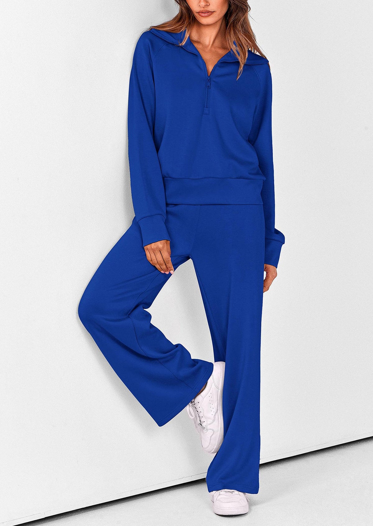 Pisania Women's 2 Piece Outfits Casual Lapel Half Zip Sweatshirts And Wide Leg Pants Tracksuit Sets