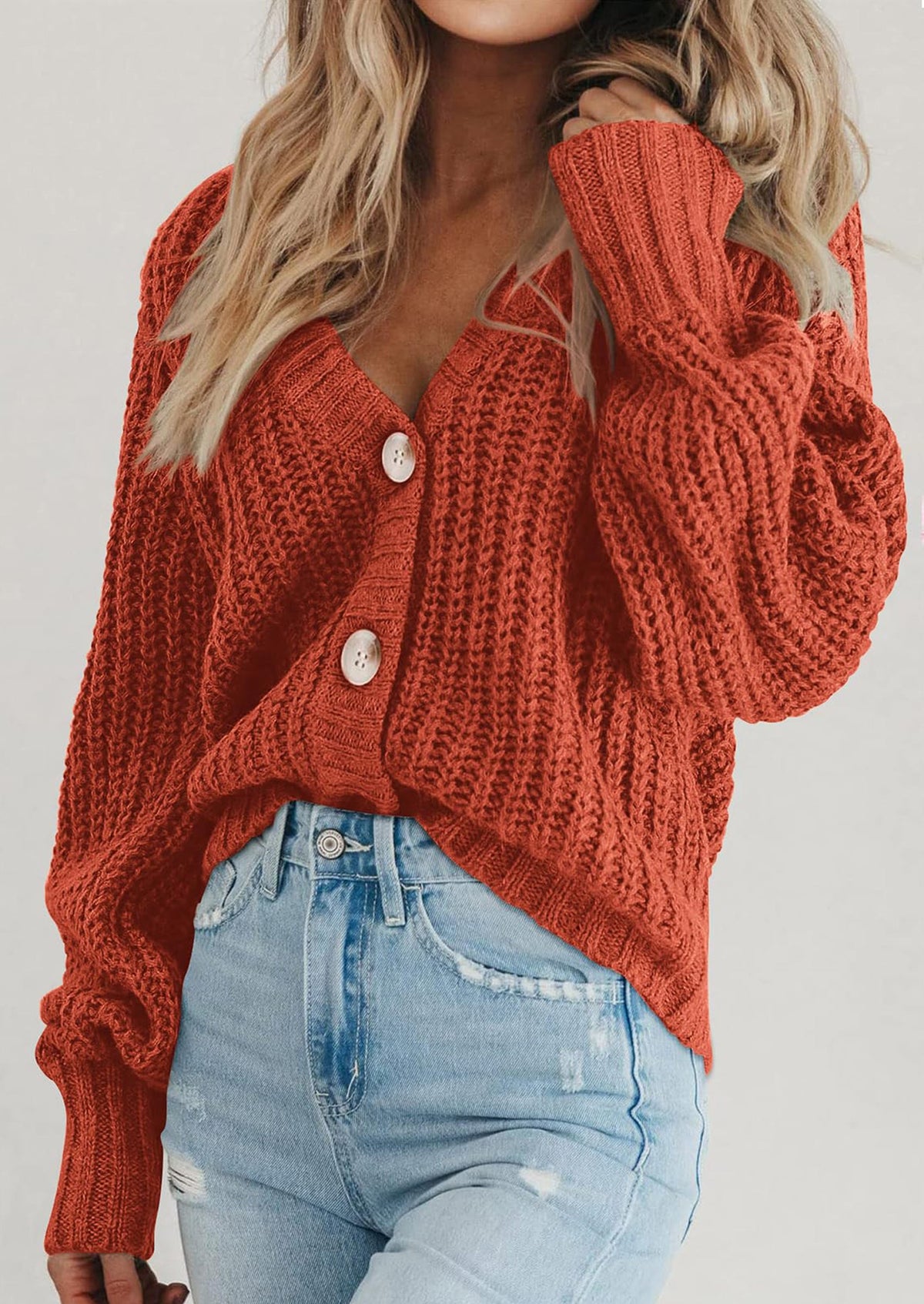 Pisania Women's Chunky Knit Open Front Sweater Long Sleeve Button Loose Short Cardigan Outerwear Coats