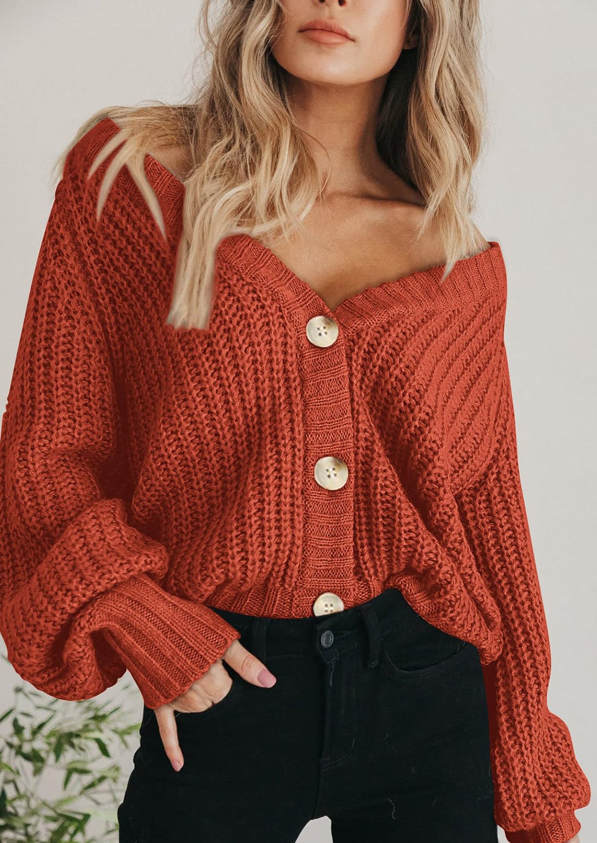 Pisania Women's Chunky Knit Open Front Sweater Long Sleeve Button Loose Short Cardigan Outerwear Coats