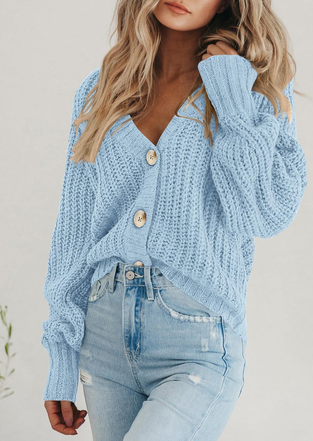 Pisania Women's Chunky Knit Open Front Sweater Long Sleeve Button Loose Short Cardigan Outerwear Coats