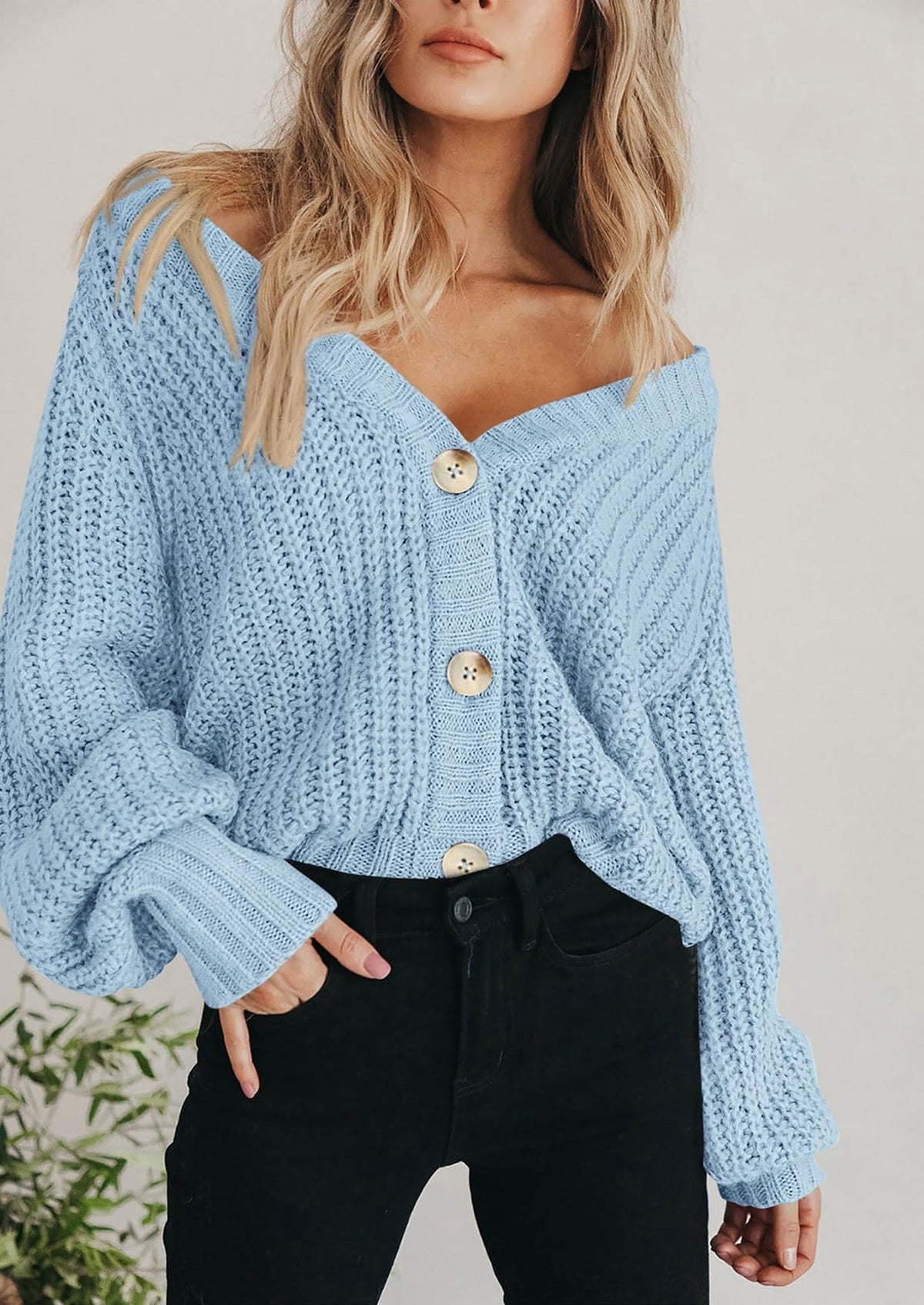 Pisania Women's Chunky Knit Open Front Sweater Long Sleeve Button Loose Short Cardigan Outerwear Coats