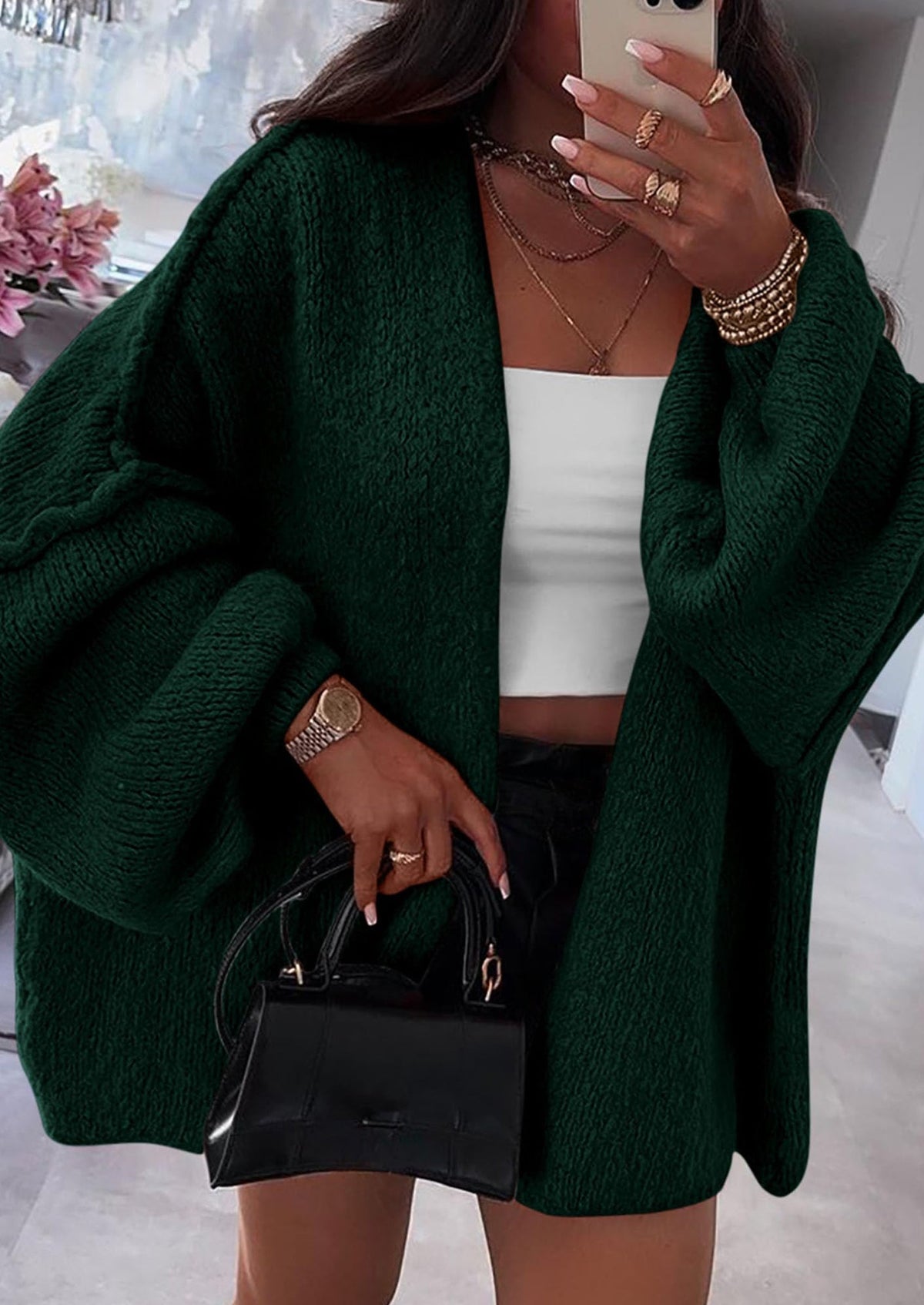 Pisania Womens Oversized Cardigan Sweaters Fall Long Lantern Sleeve Knit Open Front Lightweight Sweater