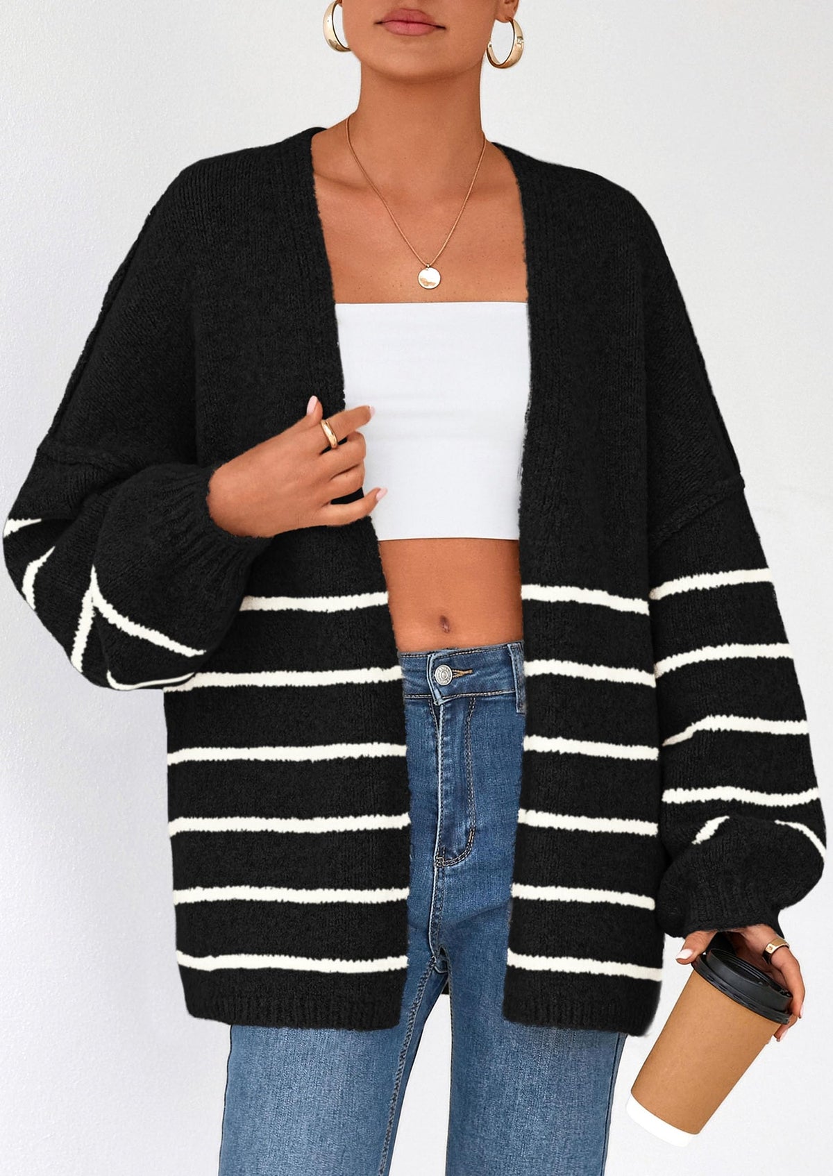 Pisania Womens Oversized Cardigan Sweaters Fall Long Lantern Sleeve Knit Open Front Lightweight Sweater