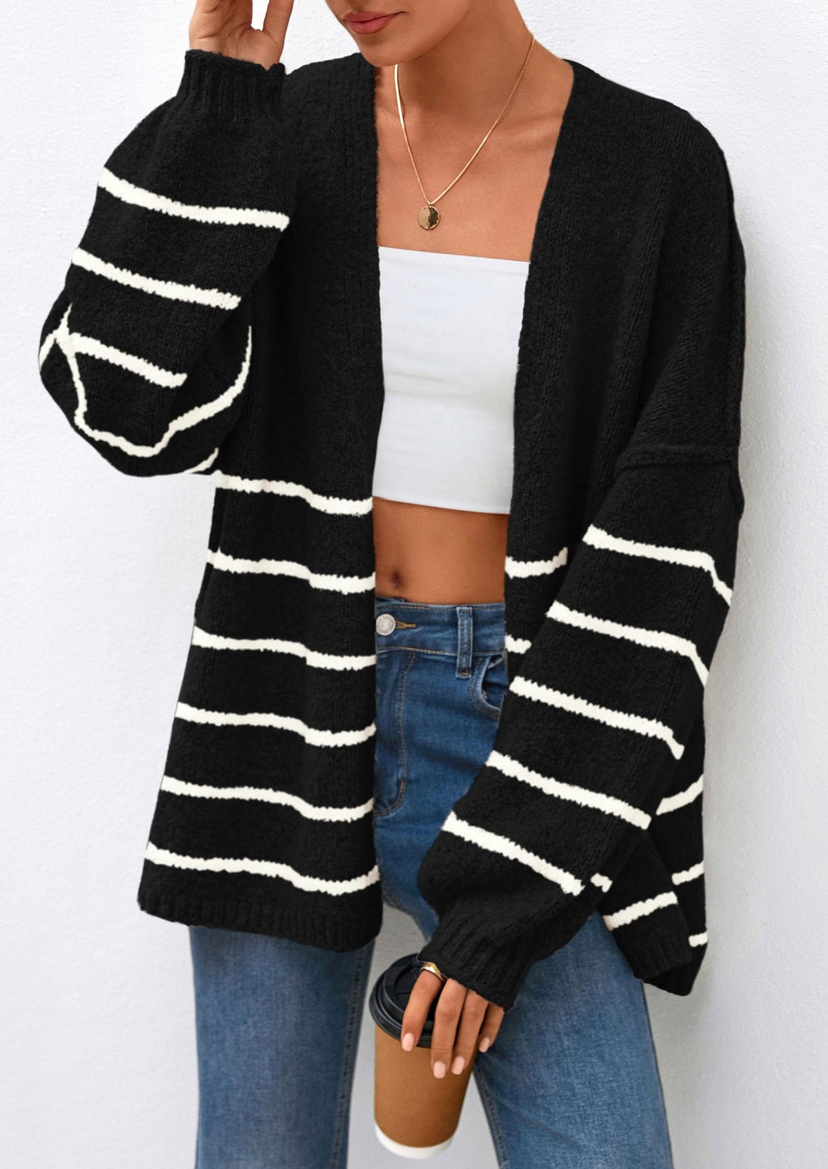 Pisania Womens Oversized Cardigan Sweaters Fall Long Lantern Sleeve Knit Open Front Lightweight Sweater