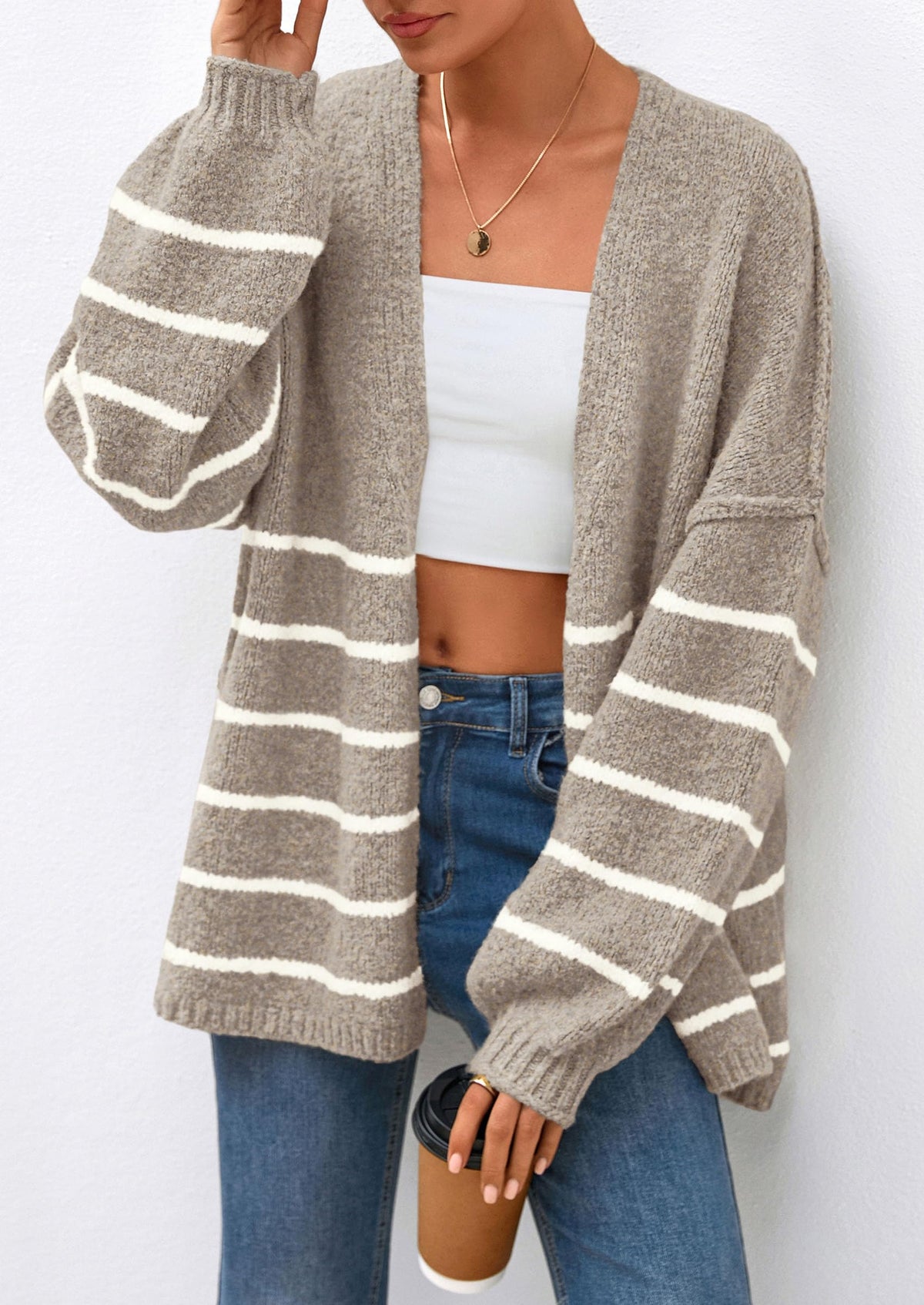 Pisania Womens Oversized Cardigan Sweaters Fall Long Lantern Sleeve Knit Open Front Lightweight Sweater