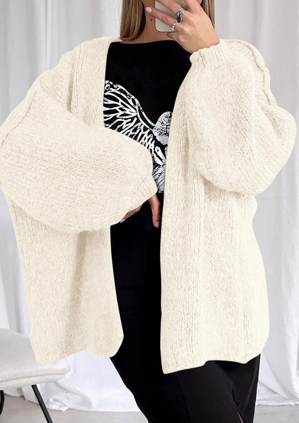 Pisania Womens Oversized Cardigan Sweaters Fall Long Lantern Sleeve Knit Open Front Lightweight Sweater