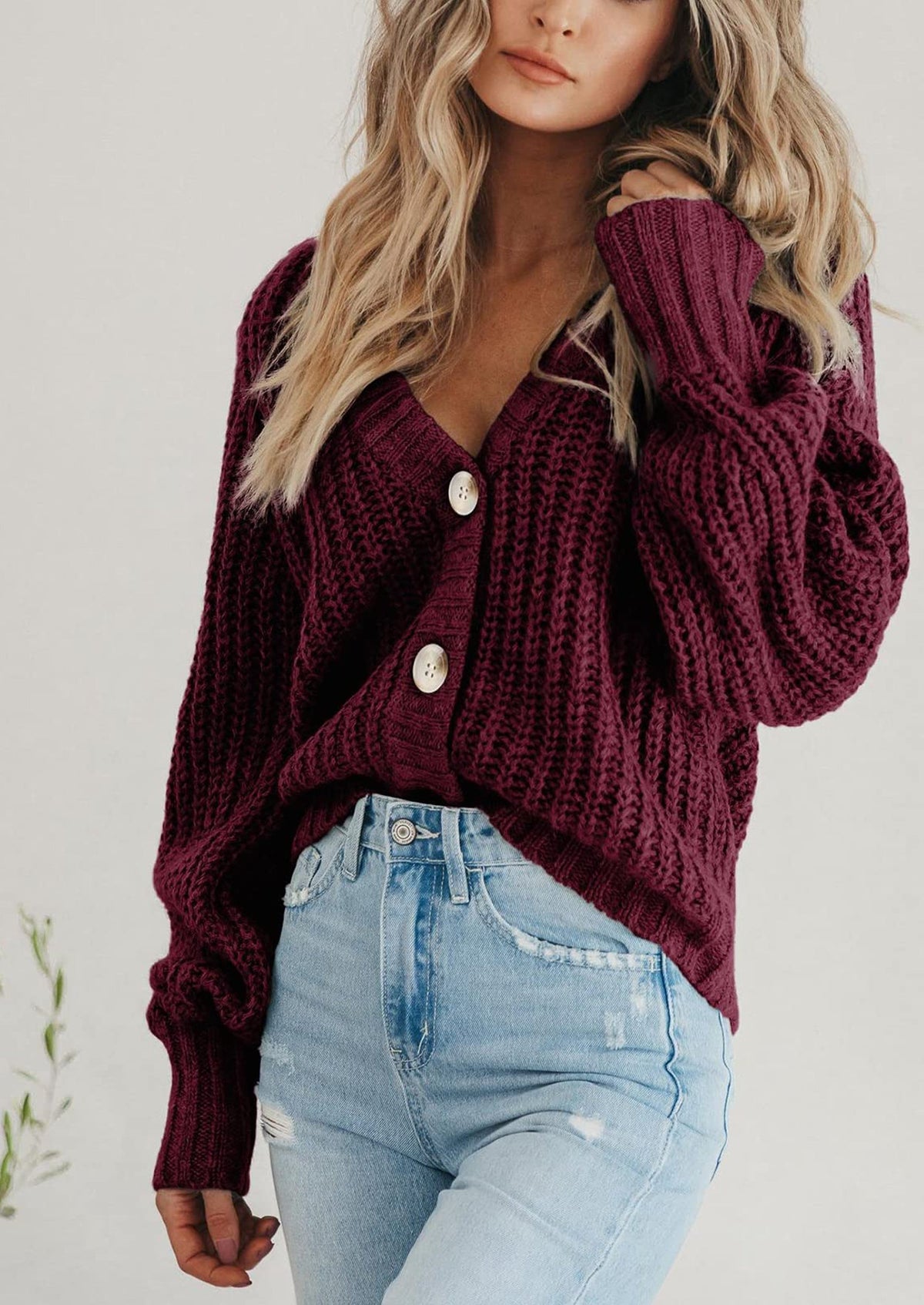 Pisania Women's Chunky Knit Open Front Sweater Long Sleeve Button Loose Short Cardigan Outerwear Coats