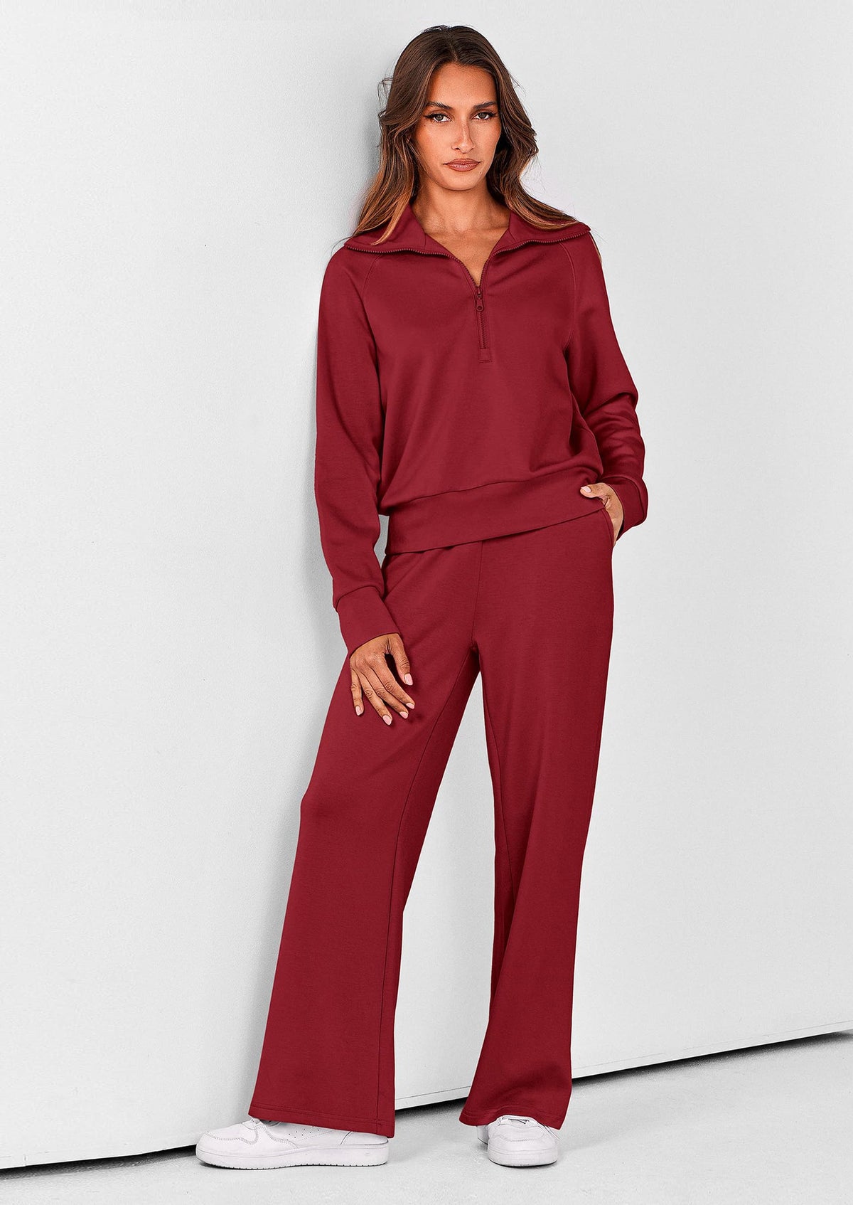 Pisania Women's 2 Piece Outfits Casual Lapel Half Zip Sweatshirts And Wide Leg Pants Tracksuit Sets
