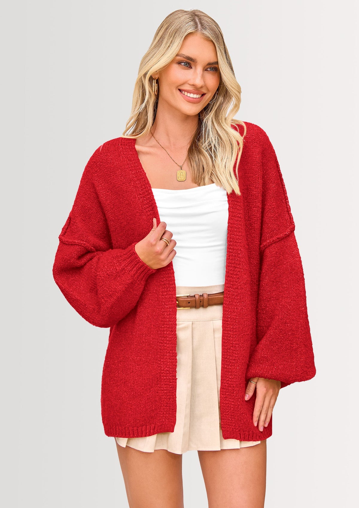 Pisania Womens Oversized Cardigan Sweaters Fall Long Lantern Sleeve Knit Open Front Lightweight Sweater