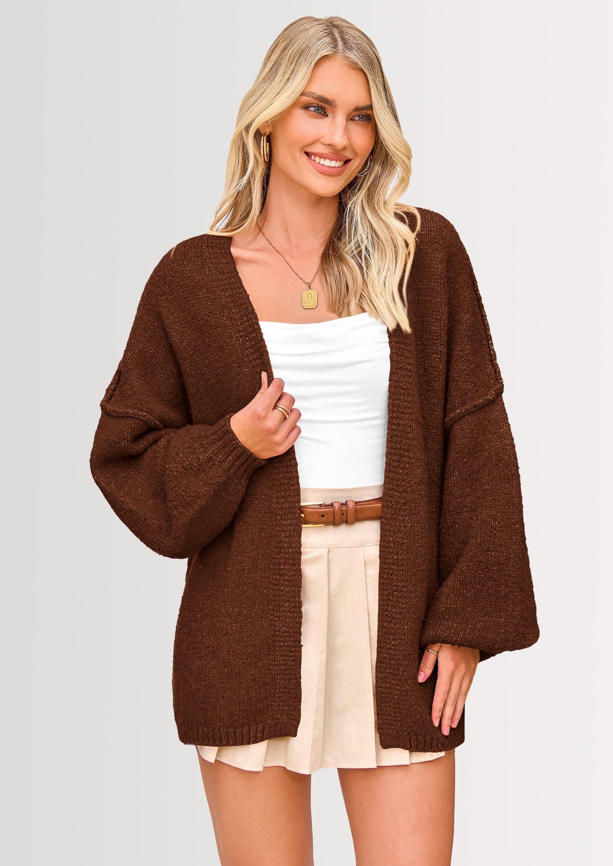 Pisania Womens Oversized Cardigan Sweaters Fall Long Lantern Sleeve Knit Open Front Lightweight Sweater