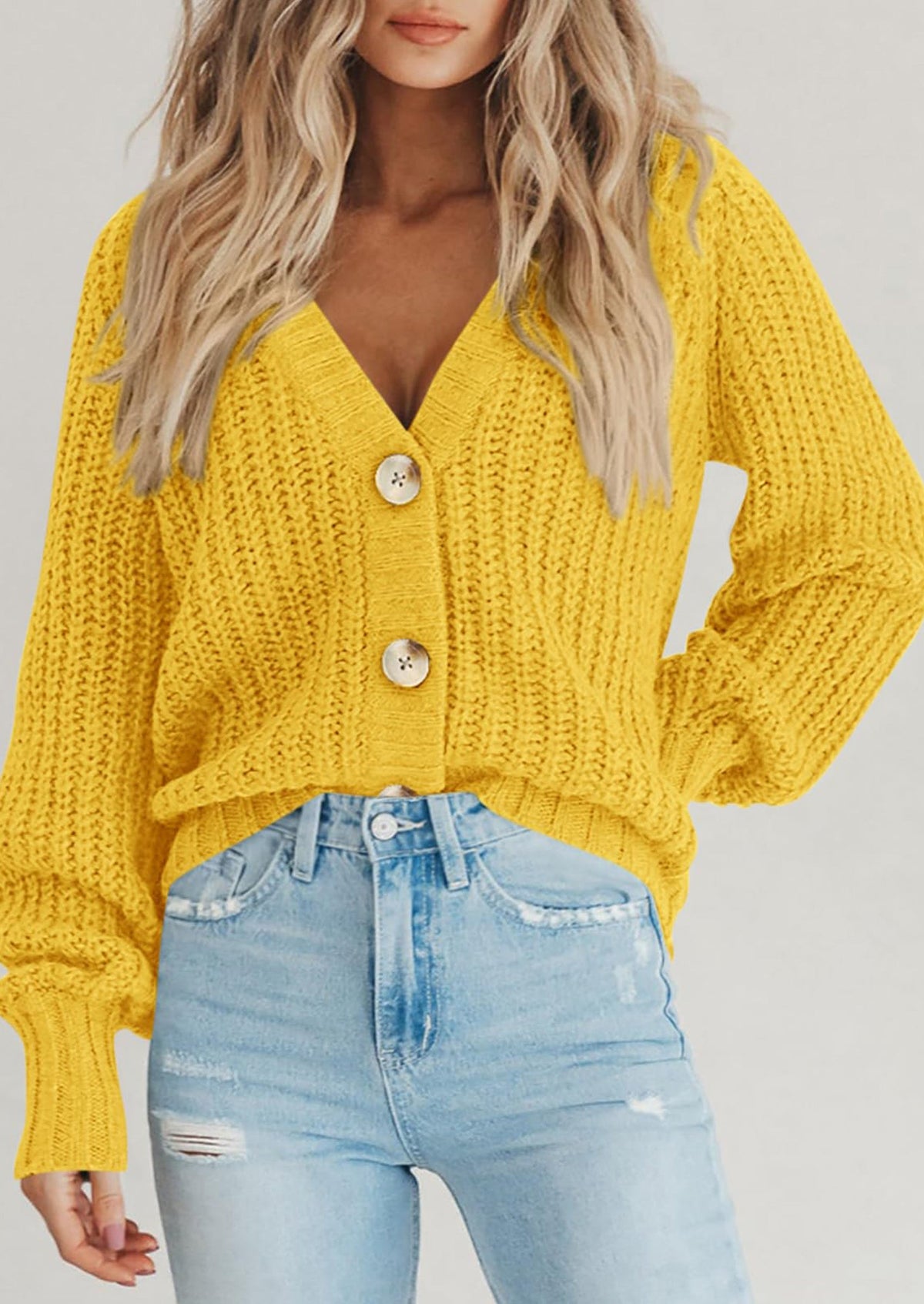 Pisania Women's Chunky Knit Open Front Sweater Long Sleeve Button Loose Short Cardigan Outerwear Coats