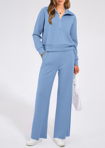 Pisania Women's 2 Piece Outfits Casual Lapel Half Zip Sweatshirts And Wide Leg Pants Tracksuit Sets