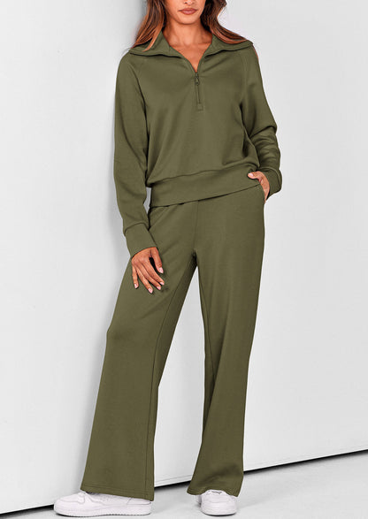 Pisania Women's 2 Piece Outfits Casual Lapel Half Zip Sweatshirts And Wide Leg Pants Tracksuit Sets