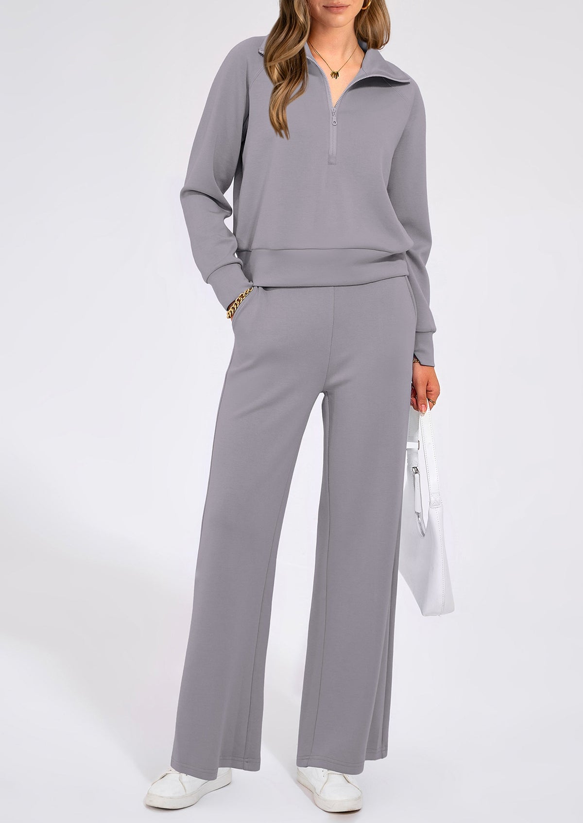 Pisania Women's 2 Piece Outfits Casual Lapel Half Zip Sweatshirts And Wide Leg Pants Tracksuit Sets