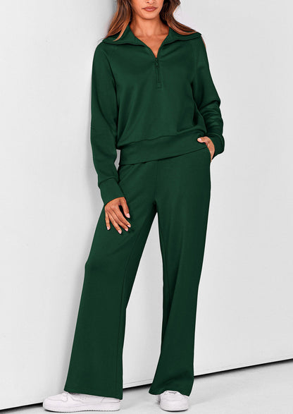 Pisania Women's 2 Piece Outfits Casual Lapel Half Zip Sweatshirts And Wide Leg Pants Tracksuit Sets