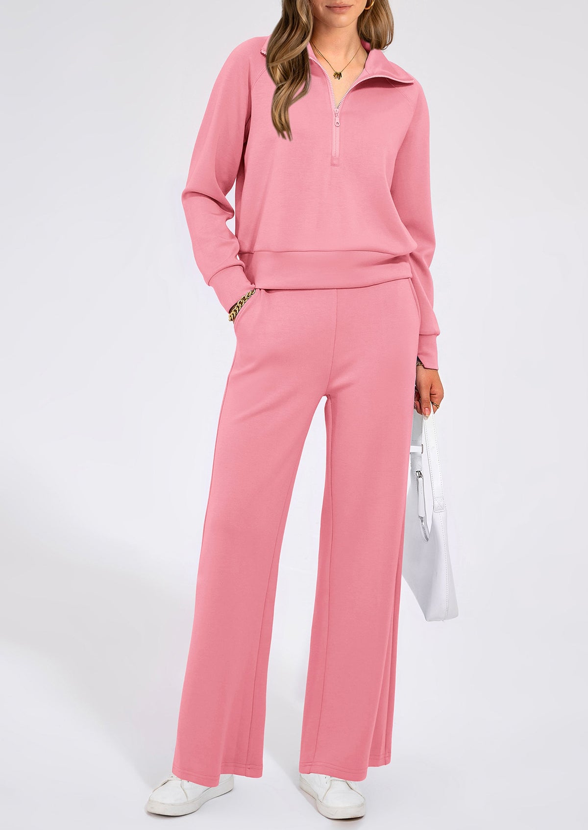 Pisania Women's 2 Piece Outfits Casual Lapel Half Zip Sweatshirts And Wide Leg Pants Tracksuit Sets