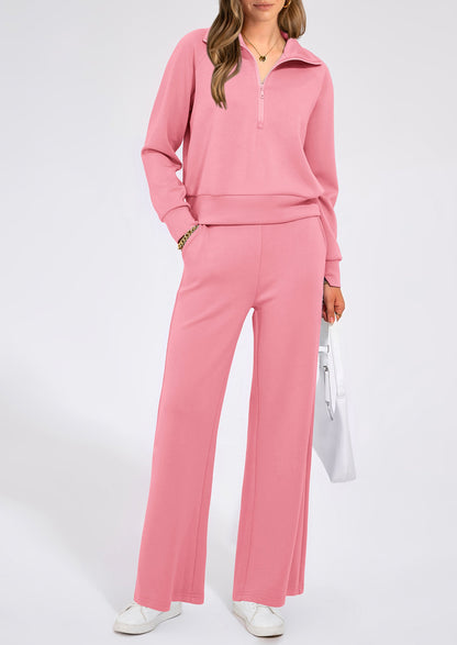 Pisania Women's 2 Piece Outfits Casual Lapel Half Zip Sweatshirts And Wide Leg Pants Tracksuit Sets