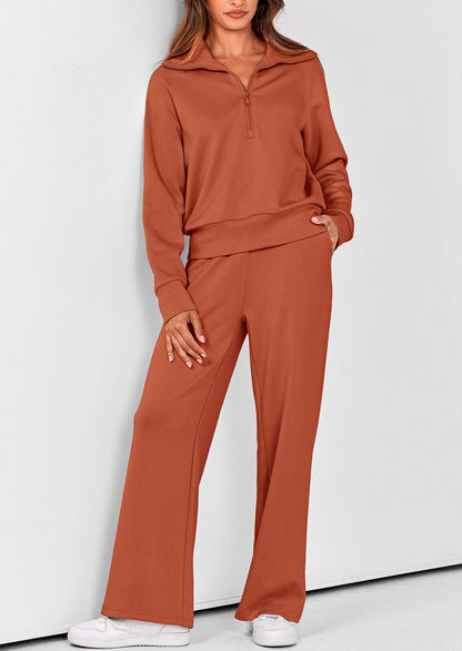 Pisania Women's 2 Piece Outfits Casual Lapel Half Zip Sweatshirts And Wide Leg Pants Tracksuit Sets