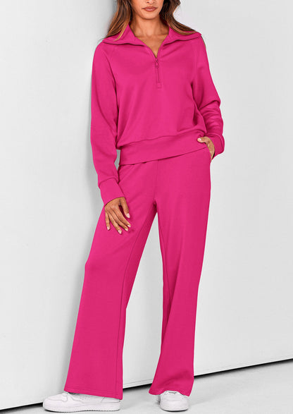 Pisania Women's 2 Piece Outfits Casual Lapel Half Zip Sweatshirts And Wide Leg Pants Tracksuit Sets