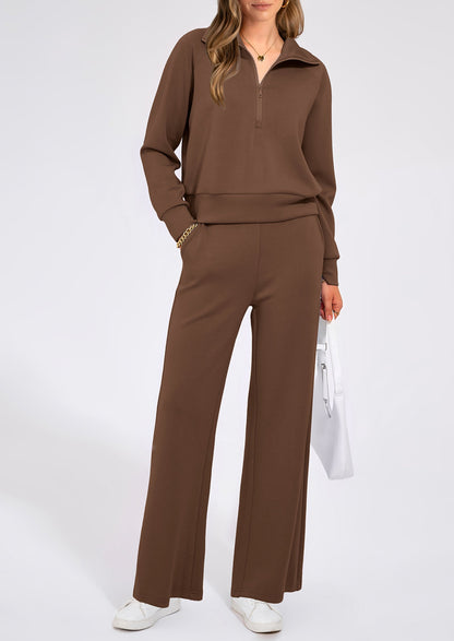 Pisania Women's 2 Piece Outfits Casual Lapel Half Zip Sweatshirts And Wide Leg Pants Tracksuit Sets