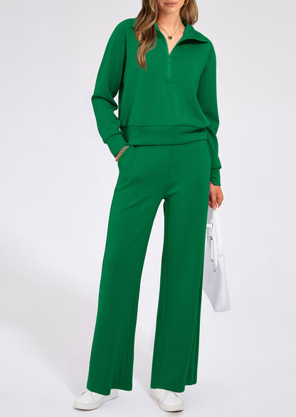 Pisania Women's 2 Piece Outfits Casual Lapel Half Zip Sweatshirts And Wide Leg Pants Tracksuit Sets