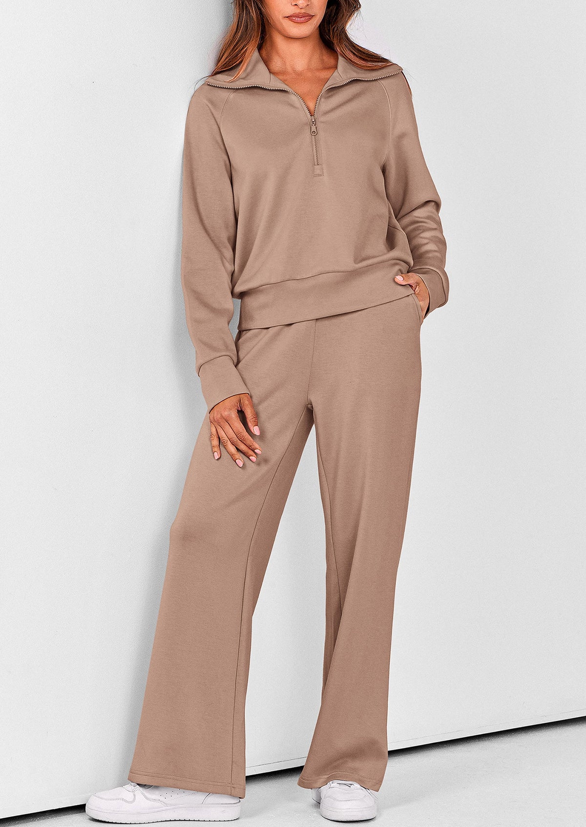 Pisania Women's 2 Piece Outfits Casual Lapel Half Zip Sweatshirts And Wide Leg Pants Tracksuit Sets