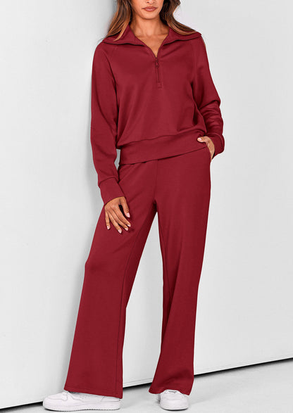 Pisania Women's 2 Piece Outfits Casual Lapel Half Zip Sweatshirts And Wide Leg Pants Tracksuit Sets