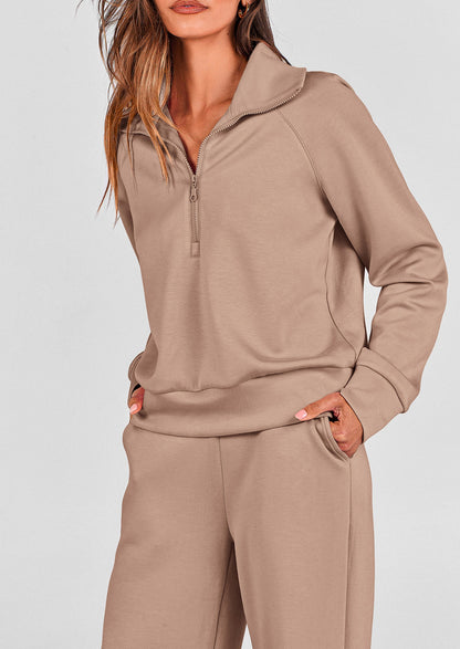 Pisania Women's 2 Piece Outfits Casual Lapel Half Zip Sweatshirts And Wide Leg Pants Tracksuit Sets