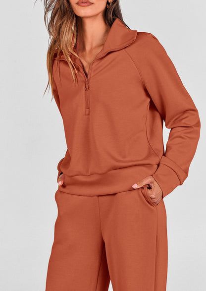 Pisania Women's 2 Piece Outfits Casual Lapel Half Zip Sweatshirts And Wide Leg Pants Tracksuit Sets