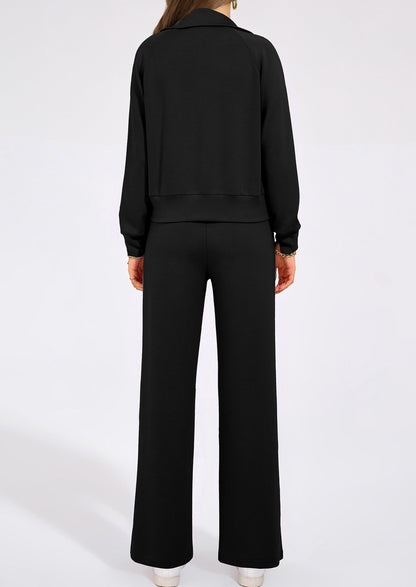 Pisania Women's 2 Piece Outfits Casual Lapel Half Zip Sweatshirts And Wide Leg Pants Tracksuit Sets