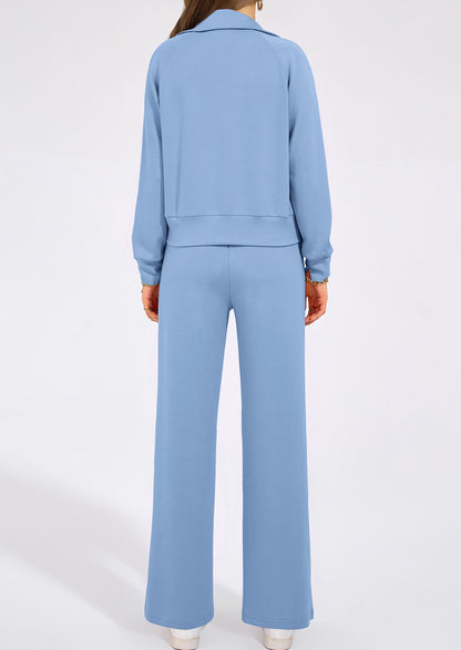 Pisania Women's 2 Piece Outfits Casual Lapel Half Zip Sweatshirts And Wide Leg Pants Tracksuit Sets