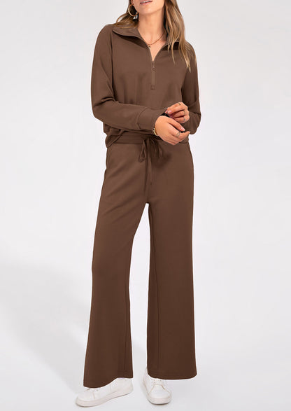 Pisania Women's 2 Piece Outfits Casual Lapel Half Zip Sweatshirts And Wide Leg Pants Tracksuit Sets
