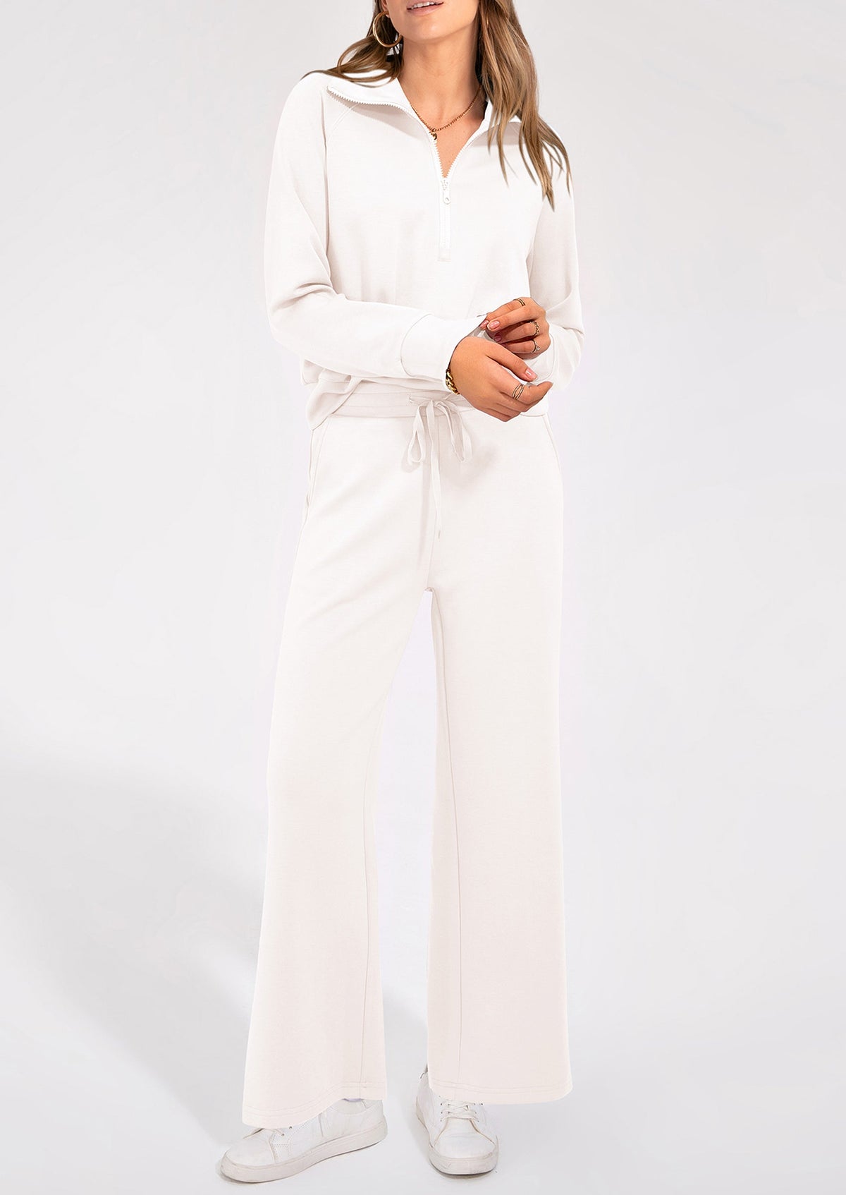 Pisania Women's 2 Piece Outfits Casual Lapel Half Zip Sweatshirts And Wide Leg Pants Tracksuit Sets