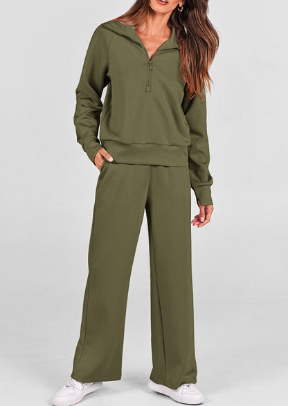 Pisania Women's 2 Piece Outfits Casual Lapel Half Zip Sweatshirts And Wide Leg Pants Tracksuit Sets