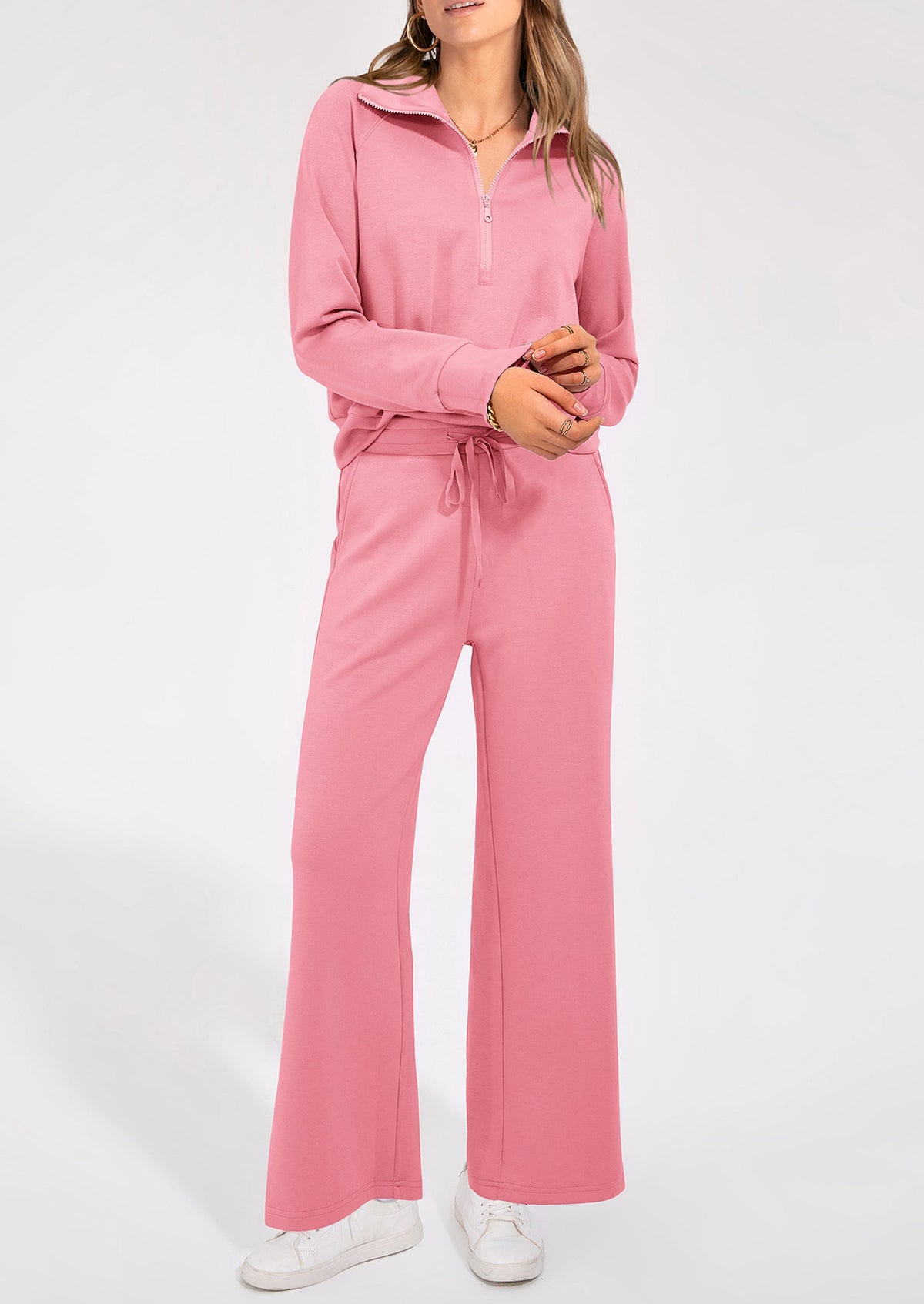 Pisania Women's 2 Piece Outfits Casual Lapel Half Zip Sweatshirts And Wide Leg Pants Tracksuit Sets