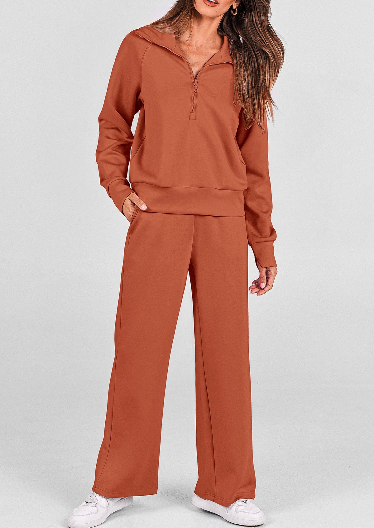 Pisania Women's 2 Piece Outfits Casual Lapel Half Zip Sweatshirts And Wide Leg Pants Tracksuit Sets