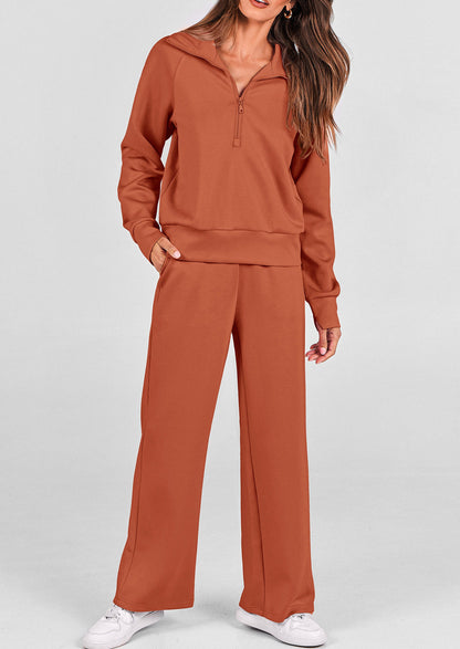 Pisania Women's 2 Piece Outfits Casual Lapel Half Zip Sweatshirts And Wide Leg Pants Tracksuit Sets