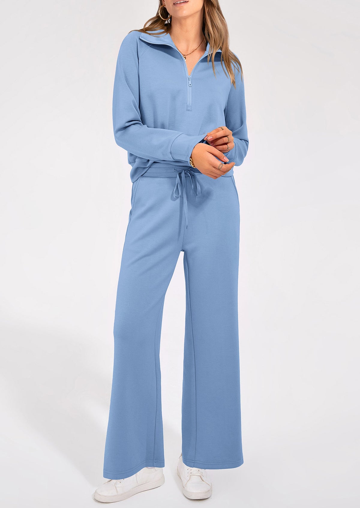 Pisania Women's 2 Piece Outfits Casual Lapel Half Zip Sweatshirts And Wide Leg Pants Tracksuit Sets