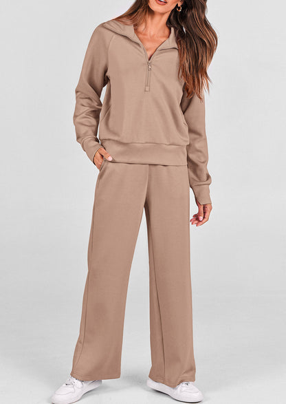Pisania Women's 2 Piece Outfits Casual Lapel Half Zip Sweatshirts And Wide Leg Pants Tracksuit Sets