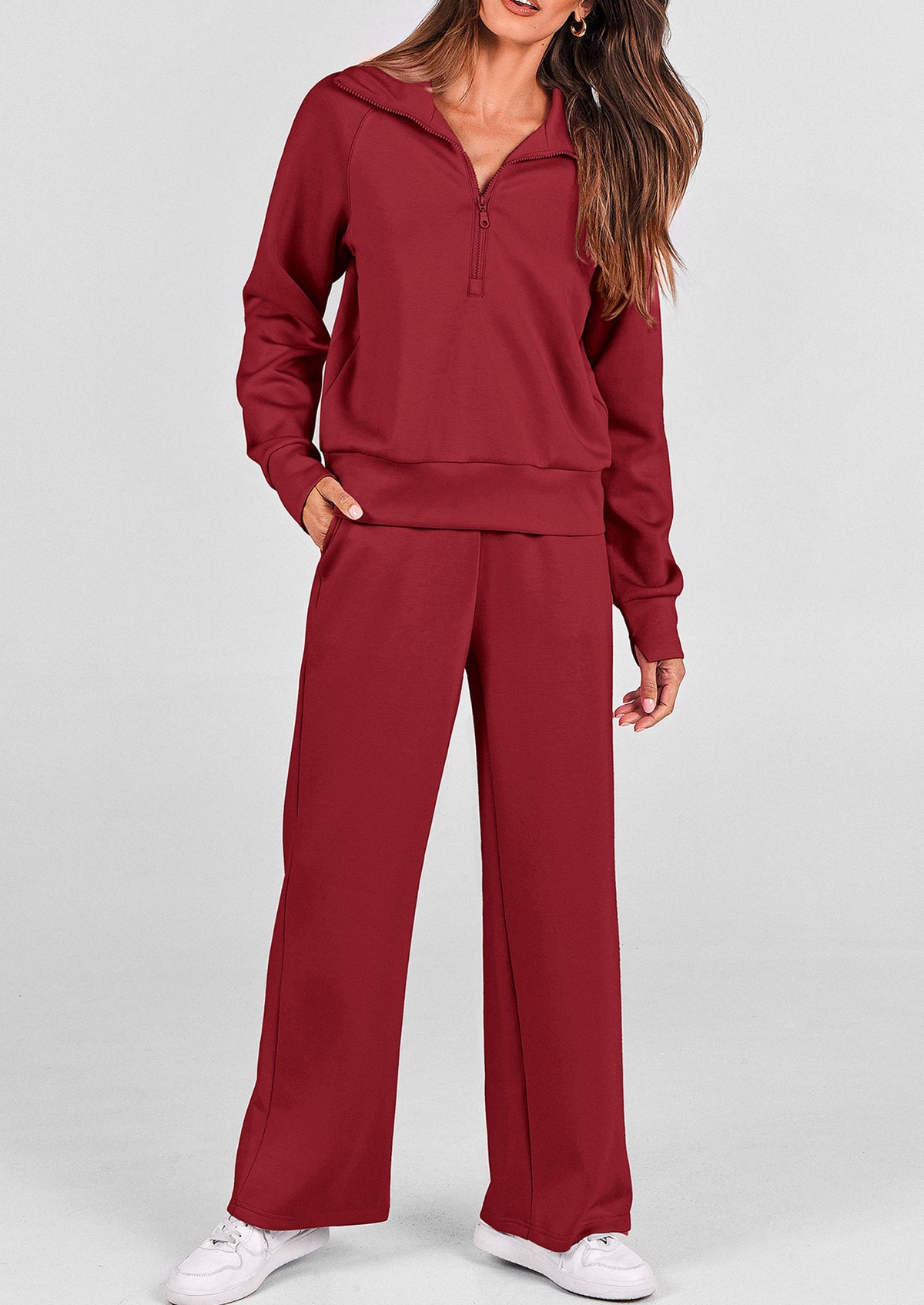 Pisania Women's 2 Piece Outfits Casual Lapel Half Zip Sweatshirts And Wide Leg Pants Tracksuit Sets