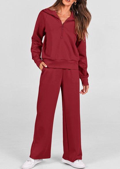 Pisania Women's 2 Piece Outfits Casual Lapel Half Zip Sweatshirts And Wide Leg Pants Tracksuit Sets