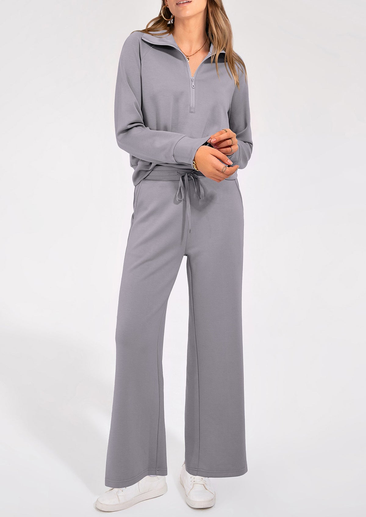 Pisania Women's 2 Piece Outfits Casual Lapel Half Zip Sweatshirts And Wide Leg Pants Tracksuit Sets