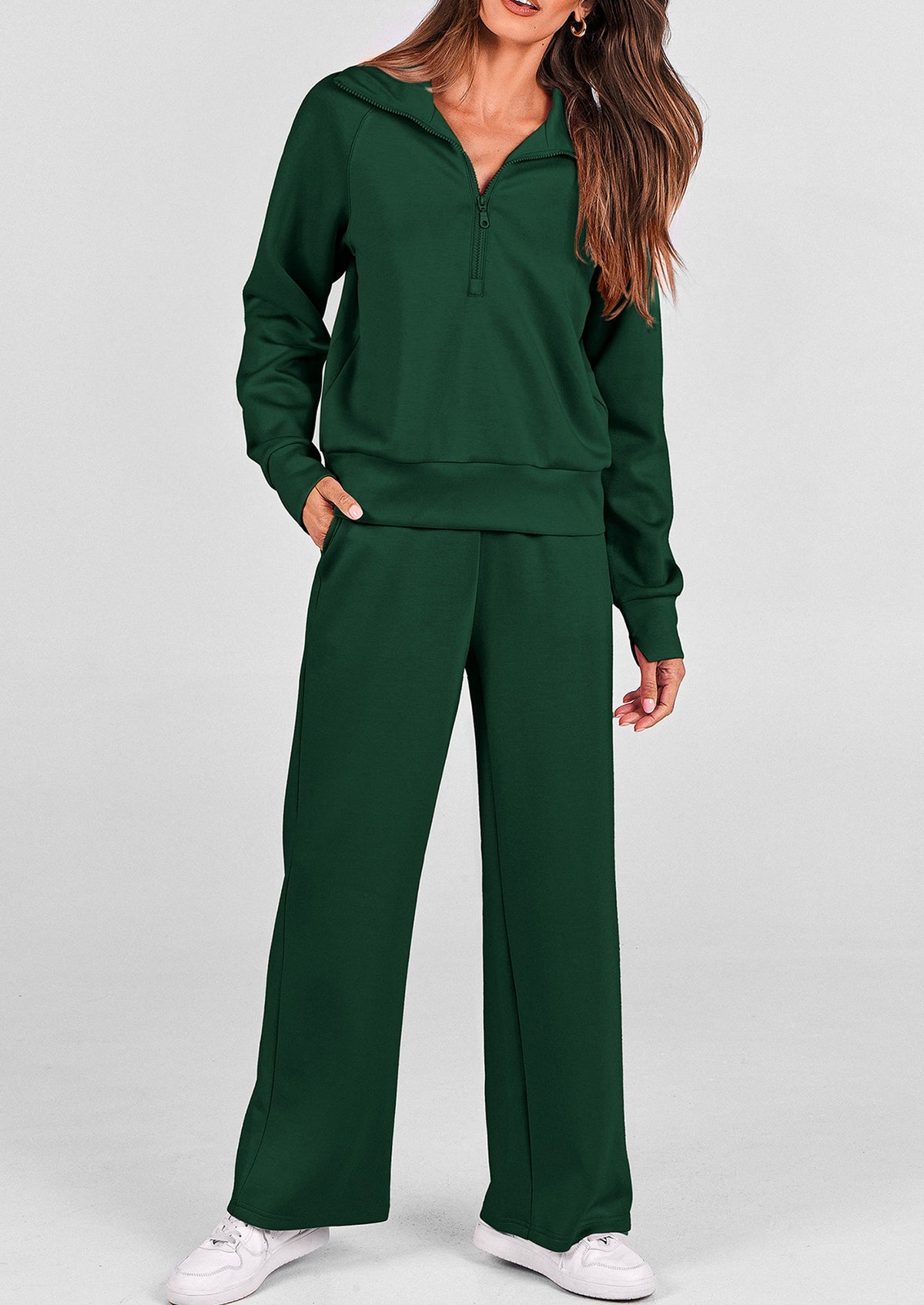 Pisania Women's 2 Piece Outfits Casual Lapel Half Zip Sweatshirts And Wide Leg Pants Tracksuit Sets