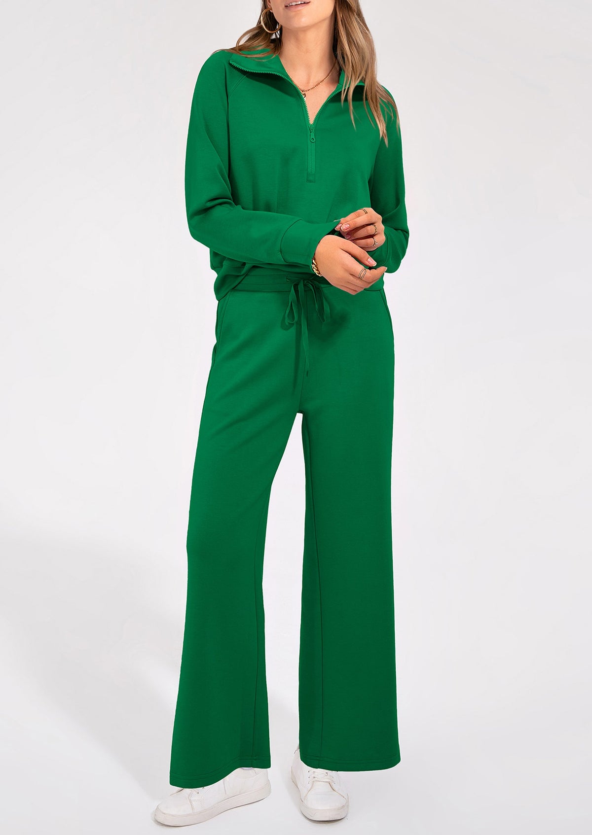 Pisania Women's 2 Piece Outfits Casual Lapel Half Zip Sweatshirts And Wide Leg Pants Tracksuit Sets
