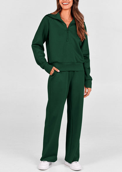Pisania Women's 2 Piece Outfits Casual Lapel Half Zip Sweatshirts And Wide Leg Pants Tracksuit Sets